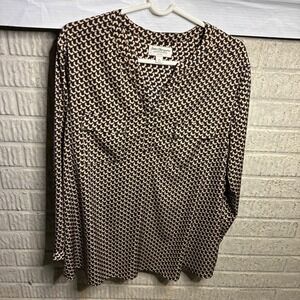 Norm Thompson Plus Size 1X Black Beige Geometric Print Long Sleeve Top‎